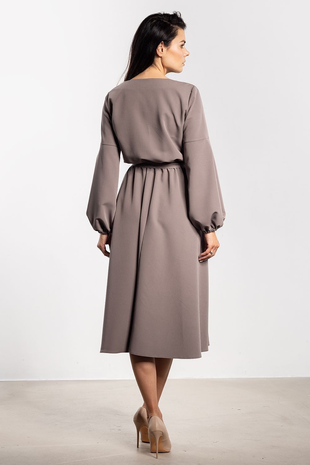 brown belted midi day dress detail view