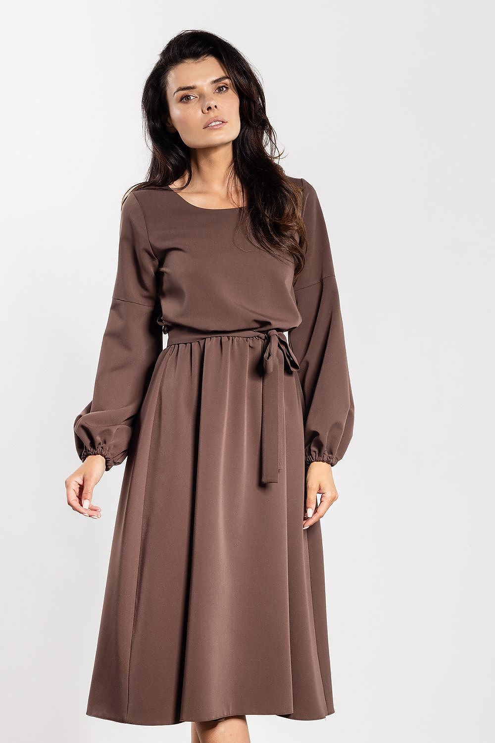 brown belted midi day dress view 7