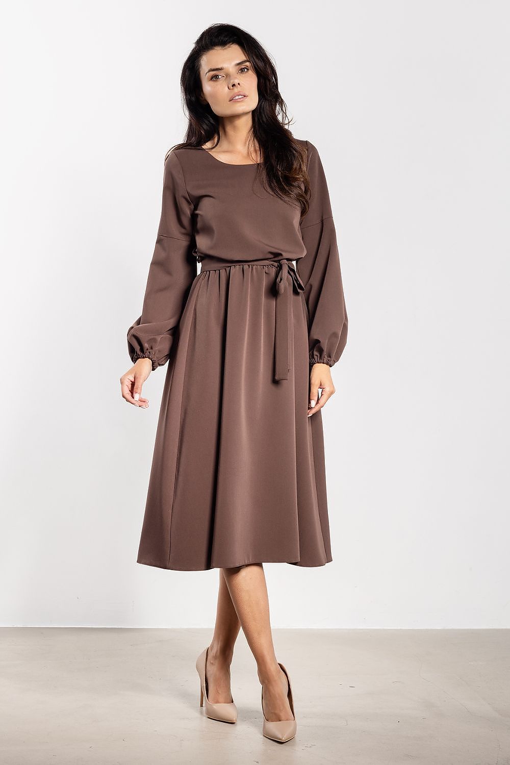 brown belted midi day dress view 8