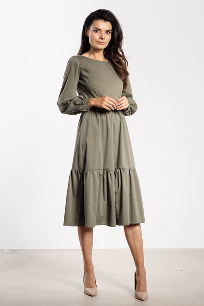 green flared ruffle day dress alternate angle