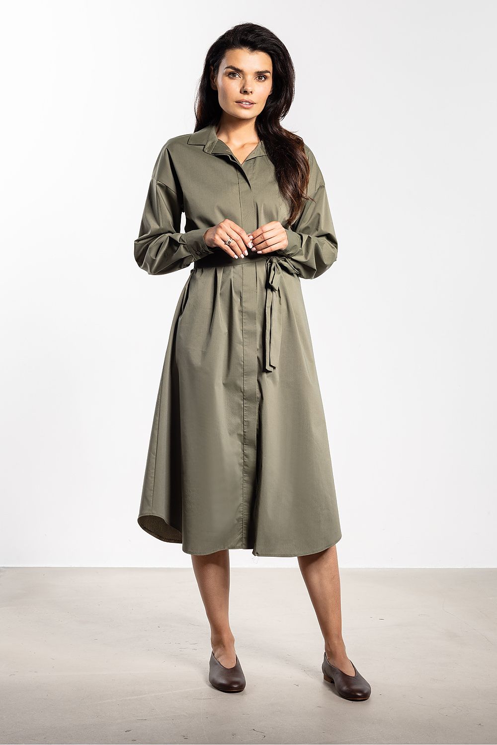 green long sleeve midi elegant green long sleeve midi dress with classic shirt silhouette front view