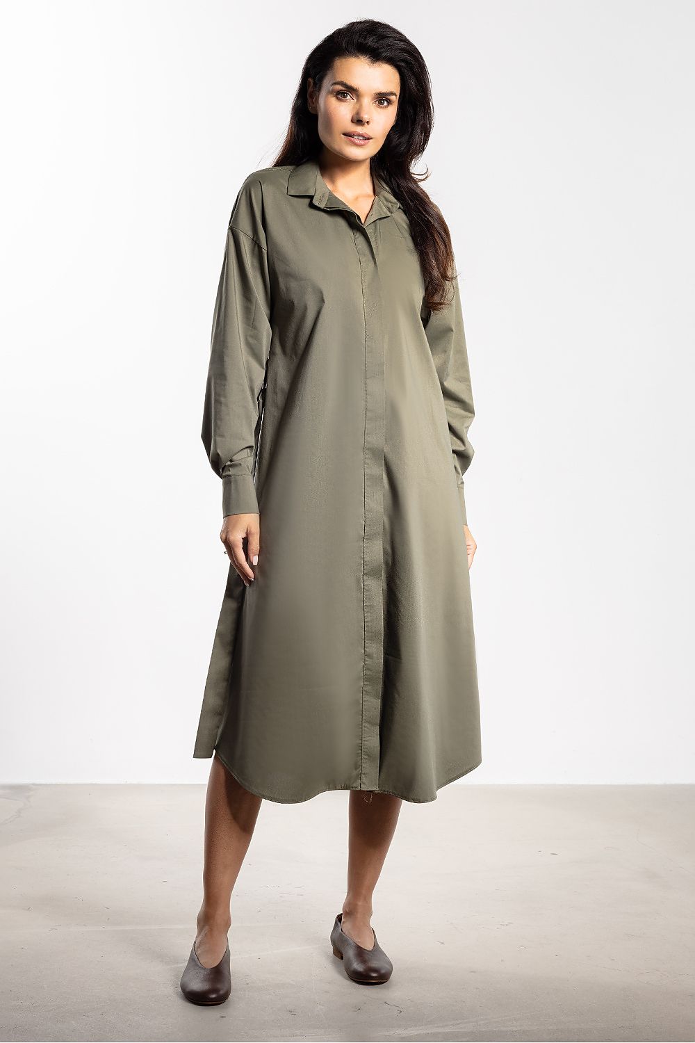 green long sleeve midi elegant green long sleeve midi dress with classic shirt silhouette alternate angle