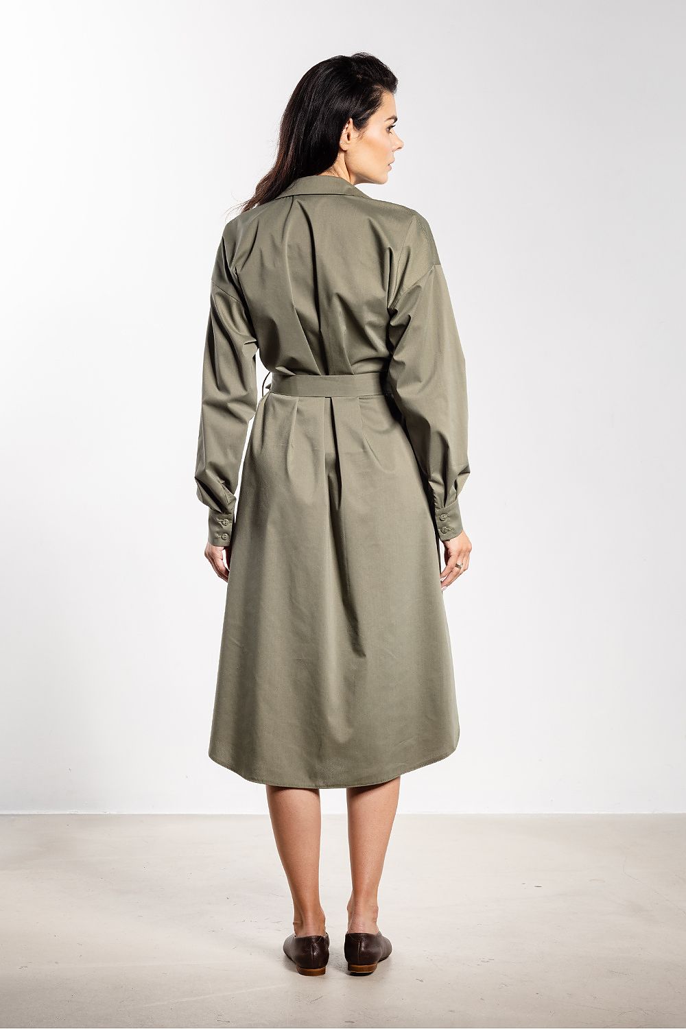 green long sleeve midi elegant green long sleeve midi dress with classic shirt silhouette detail view