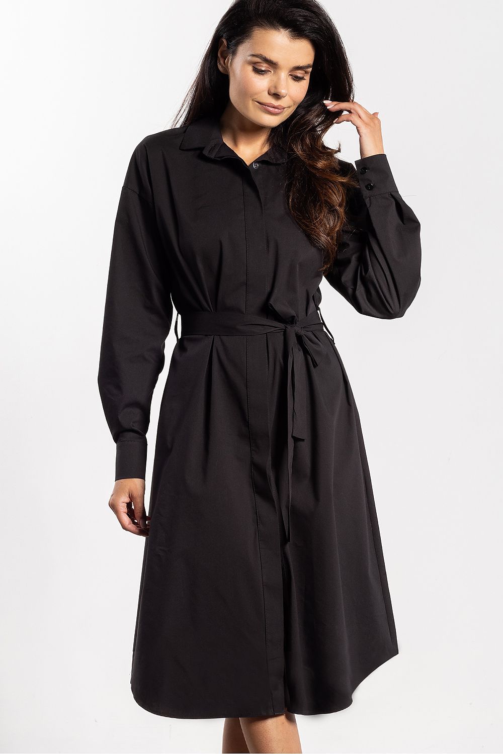 green long sleeve midi elegant green long sleeve midi dress with classic shirt silhouette view 7