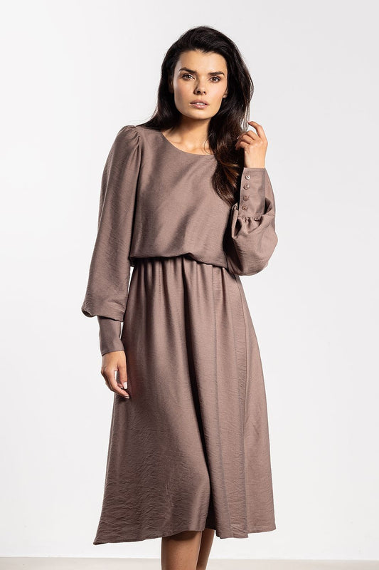 brown long sleeve midi elegant long sleeve midi dress for women – feminine, comfortable, versatile daywear front view