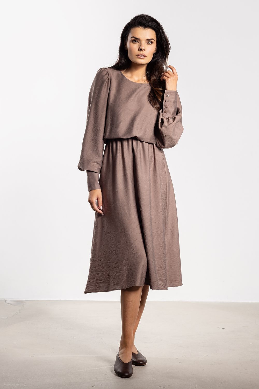 brown long sleeve midi elegant long sleeve midi dress for women – feminine, comfortable, versatile daywear alternate