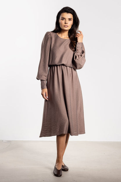 brown long sleeve midi elegant long sleeve midi dress for women – feminine, comfortable, versatile daywear alternate