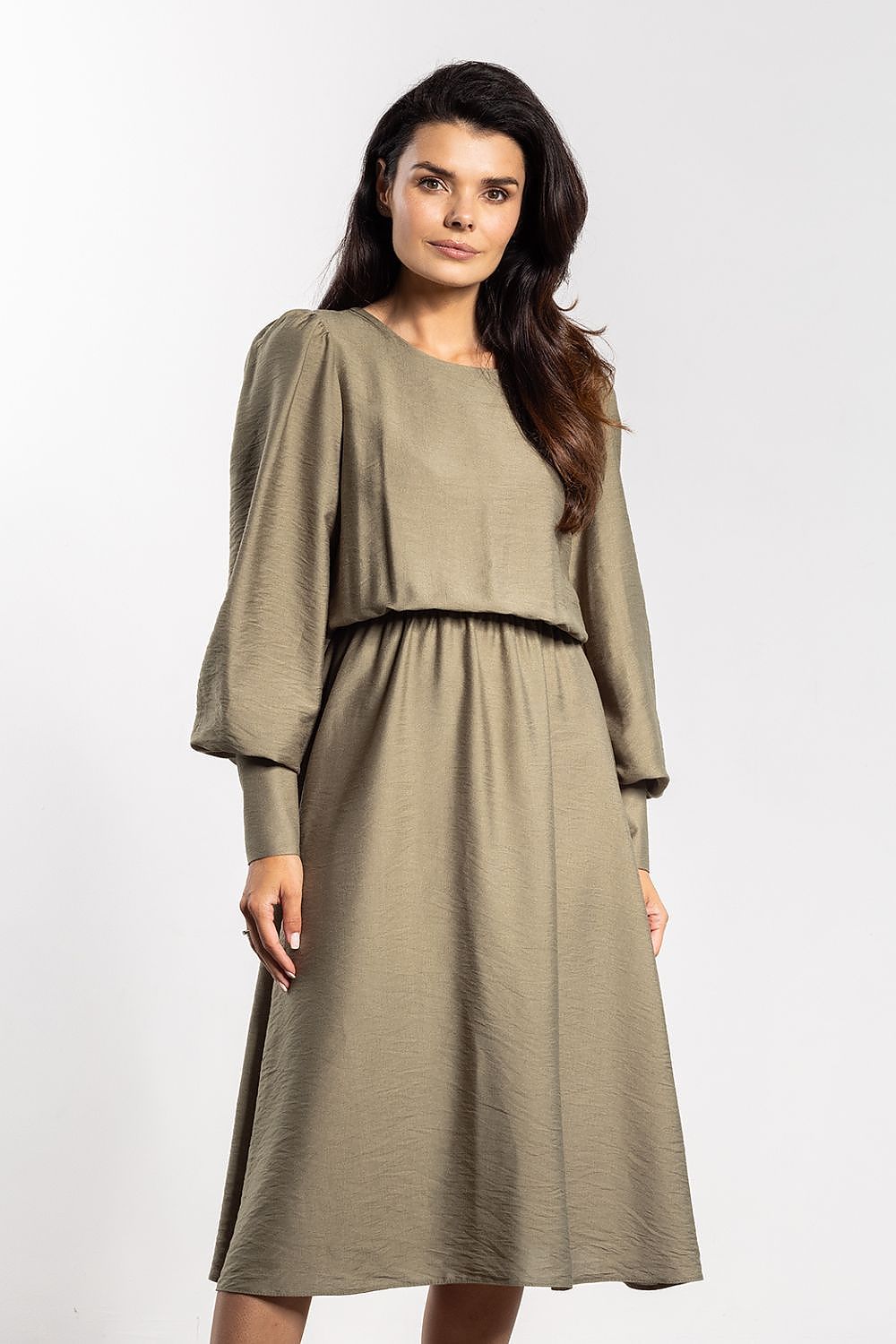 brown long sleeve midi elegant long sleeve midi dress for women – feminine, comfortable, versatile daywear back view