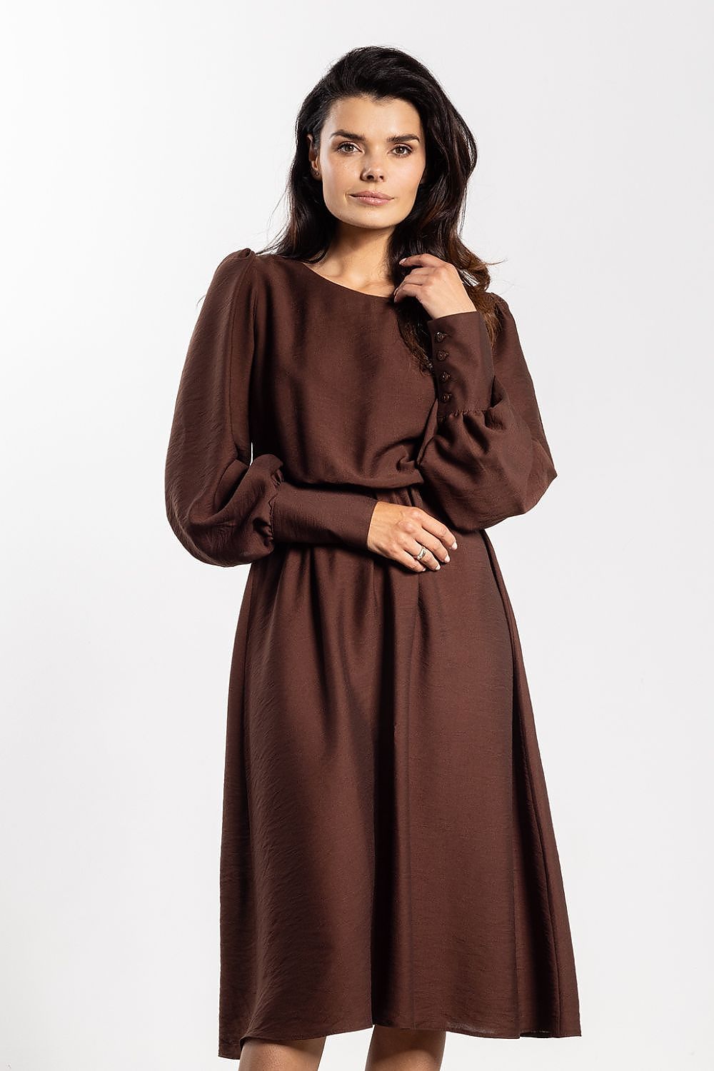 brown long sleeve midi elegant long sleeve midi dress for women – feminine, comfortable, versatile daywear view 7