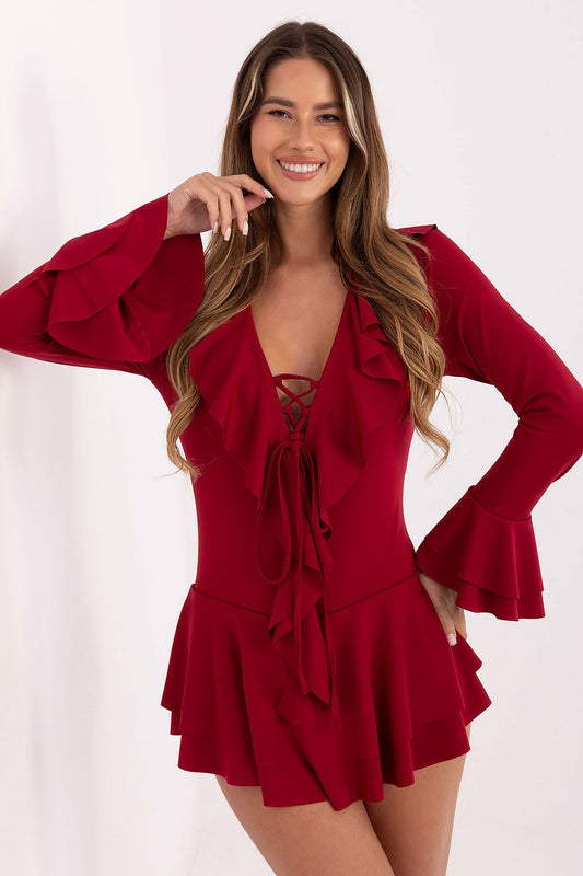 red ruffle long sleeve suit front view