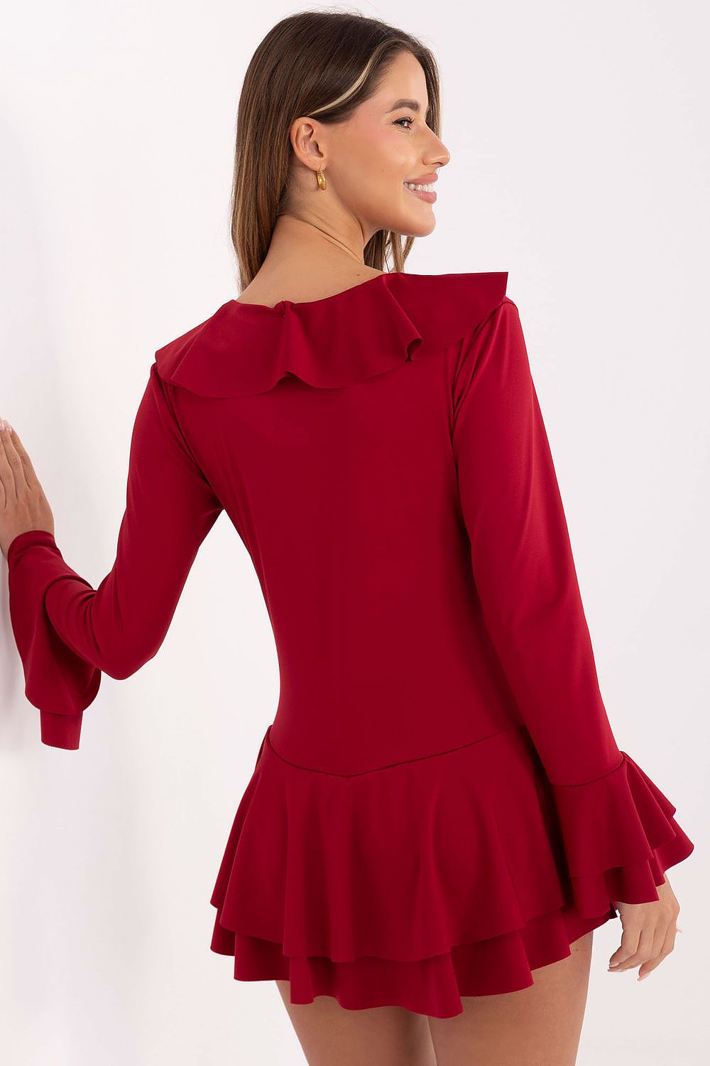 red ruffle long sleeve suit detail view