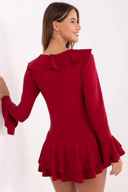 red ruffle long sleeve suit detail view