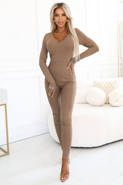 beige long sleeve v-neck suit front view