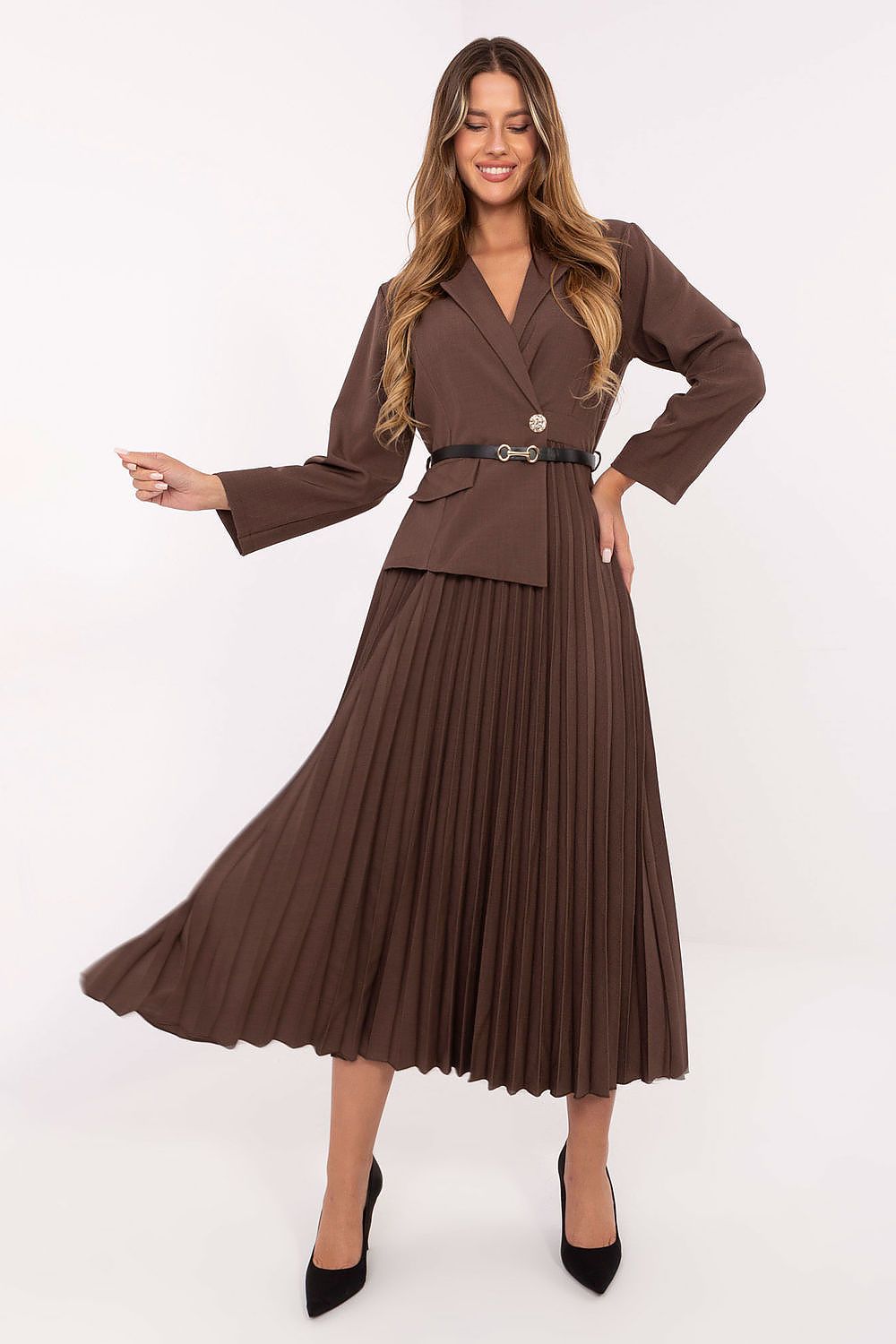 brown pleated flared elegant brown pleated flared maxi dress with classic sailor collar for stylish occasions view 16