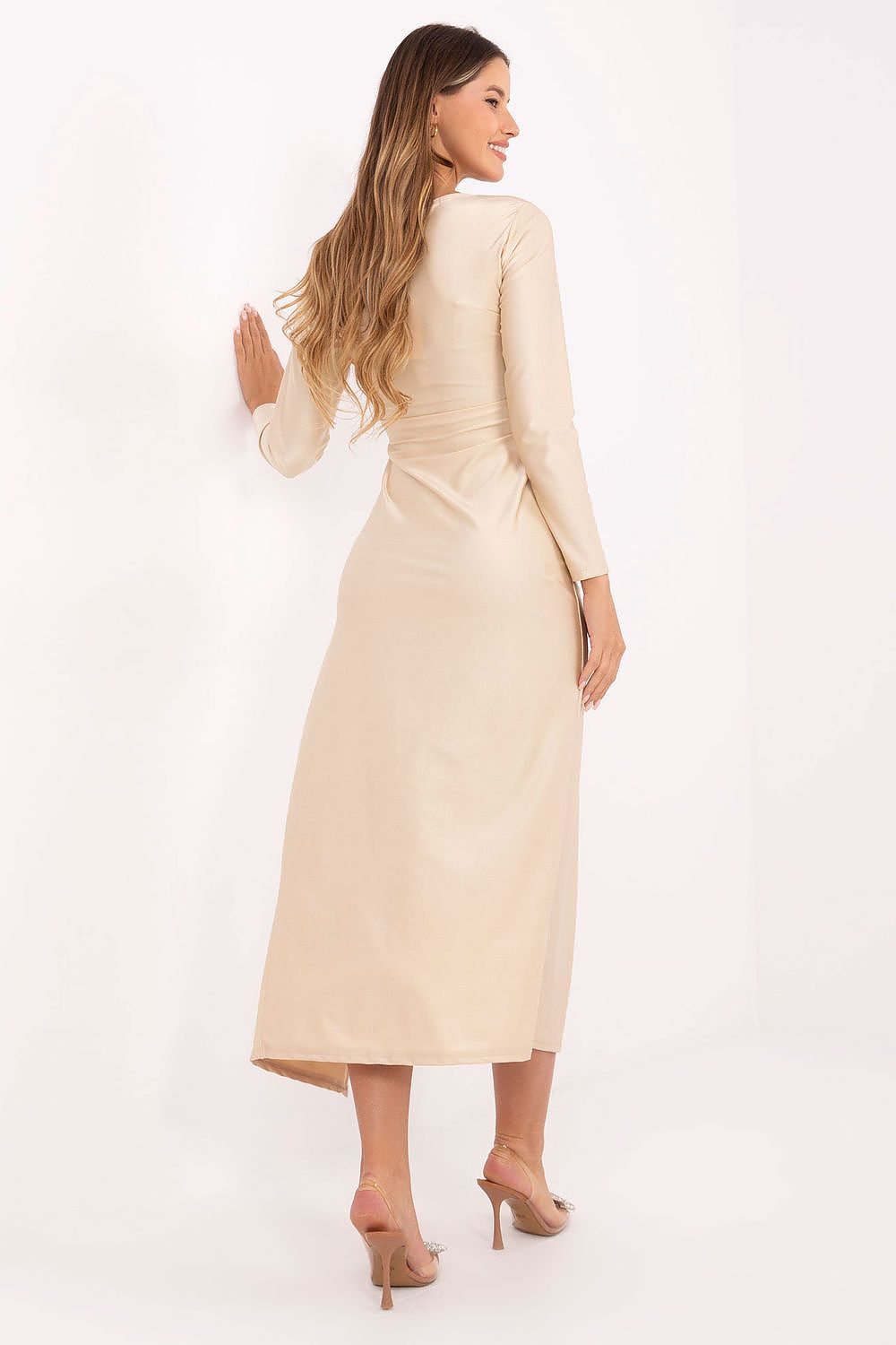 beige wrap long sleeve evening dress view 9