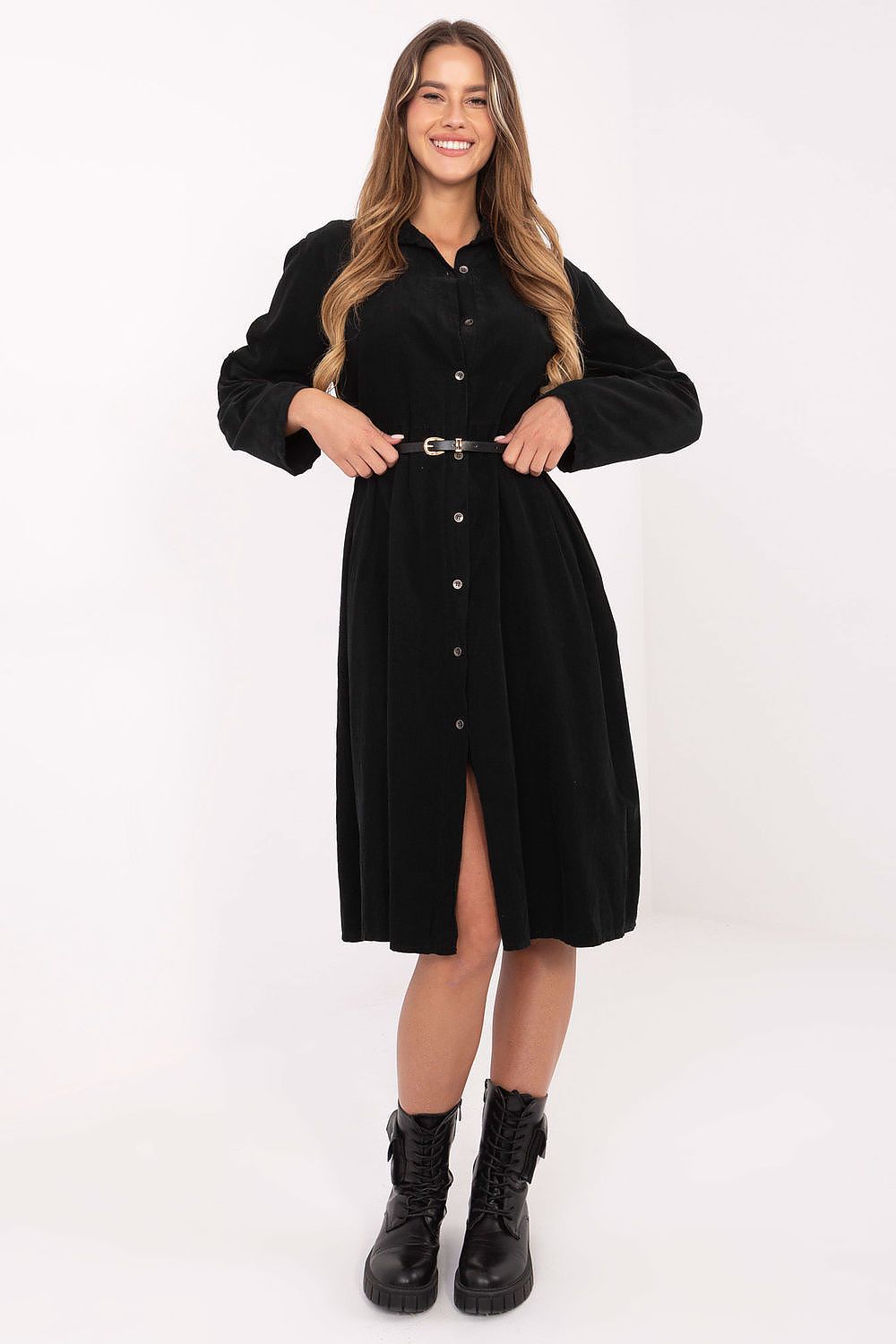 black flared long sleeve day dress front view