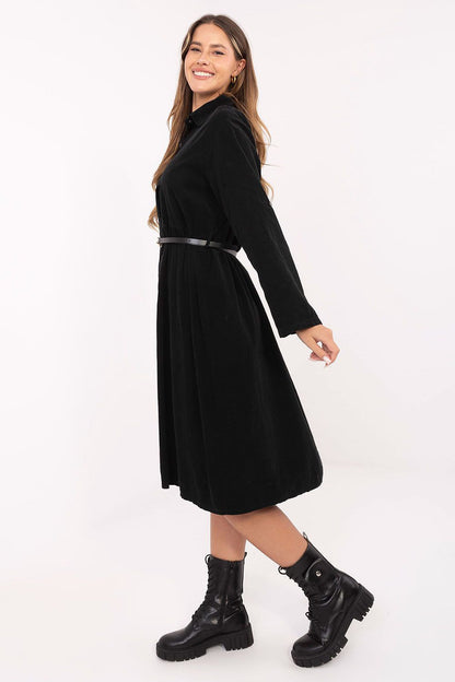 black flared long sleeve day dress alternate angle