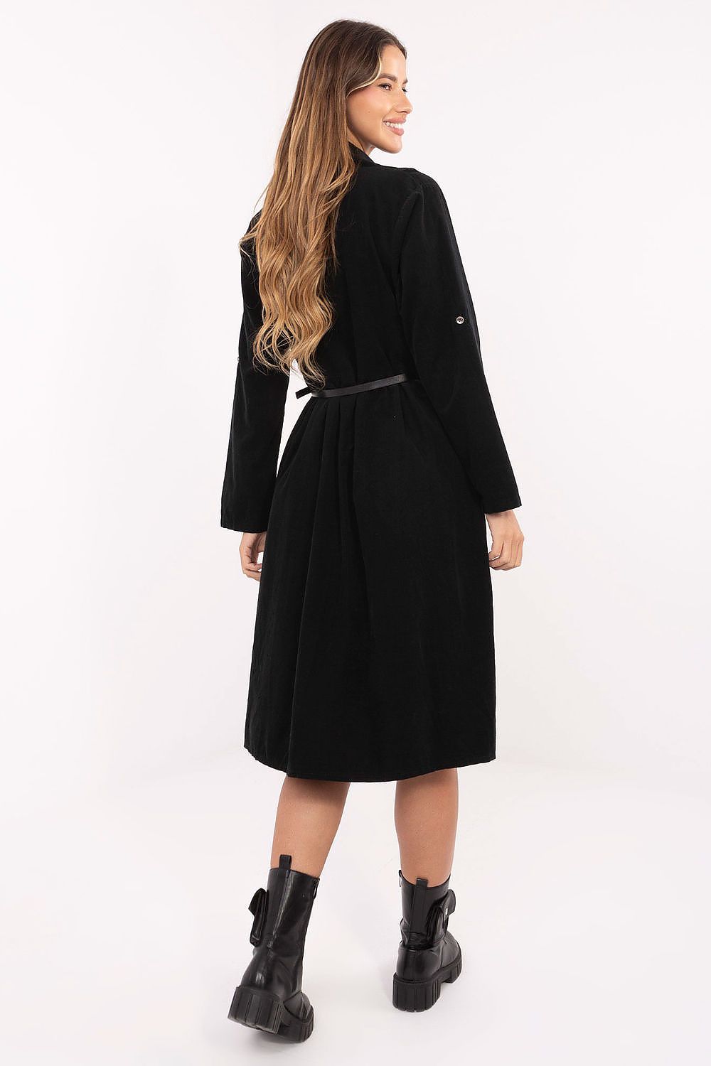 black flared long sleeve day dress detail view