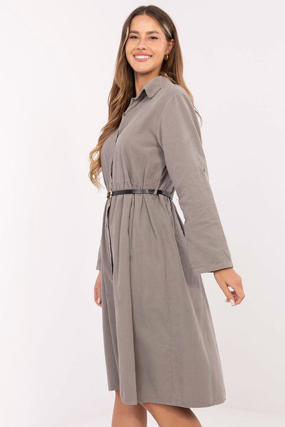black flared long sleeve day dress side view