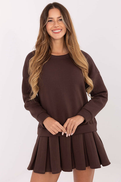 brown flared long sleeve day dress front view