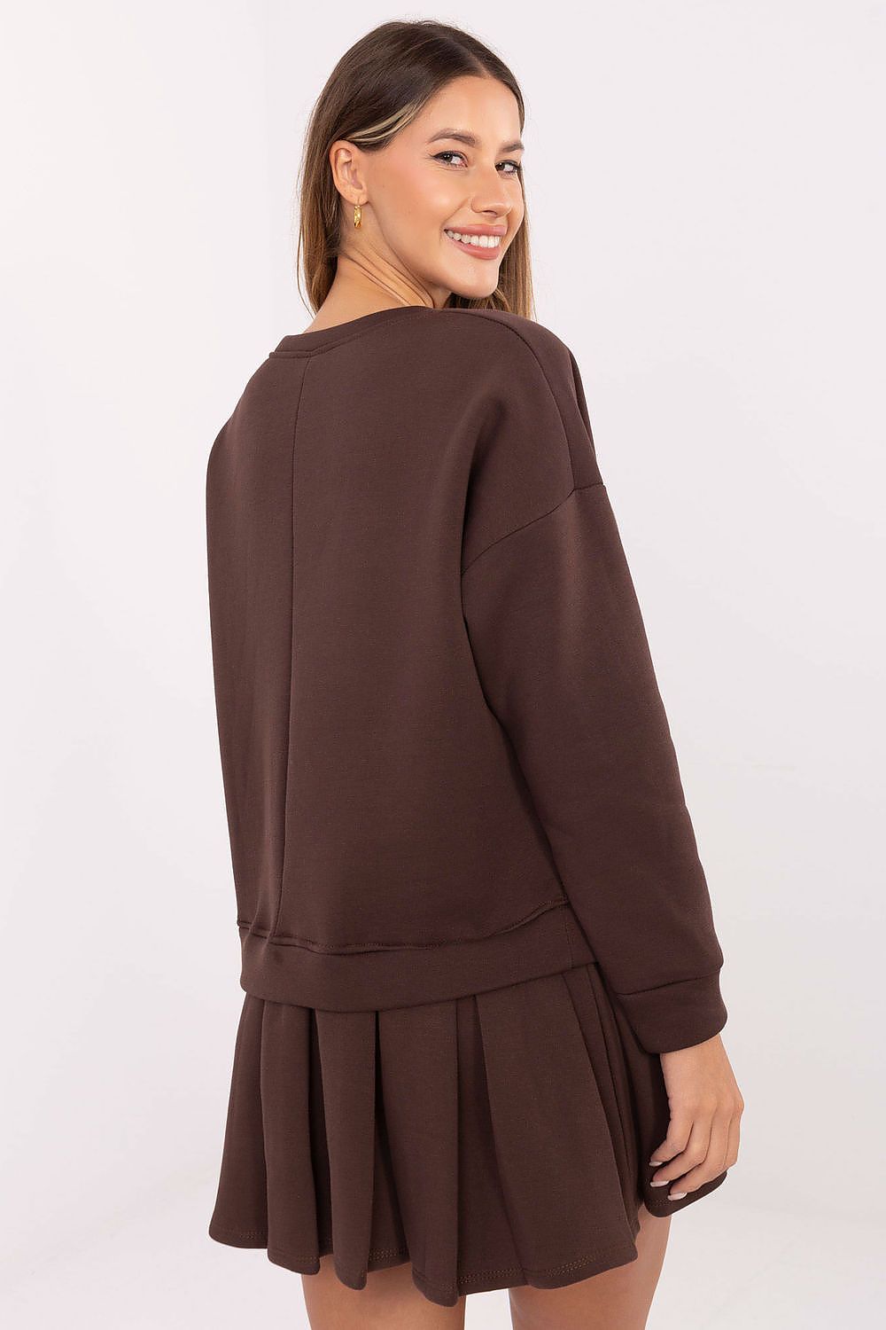brown flared long sleeve day dress detail view