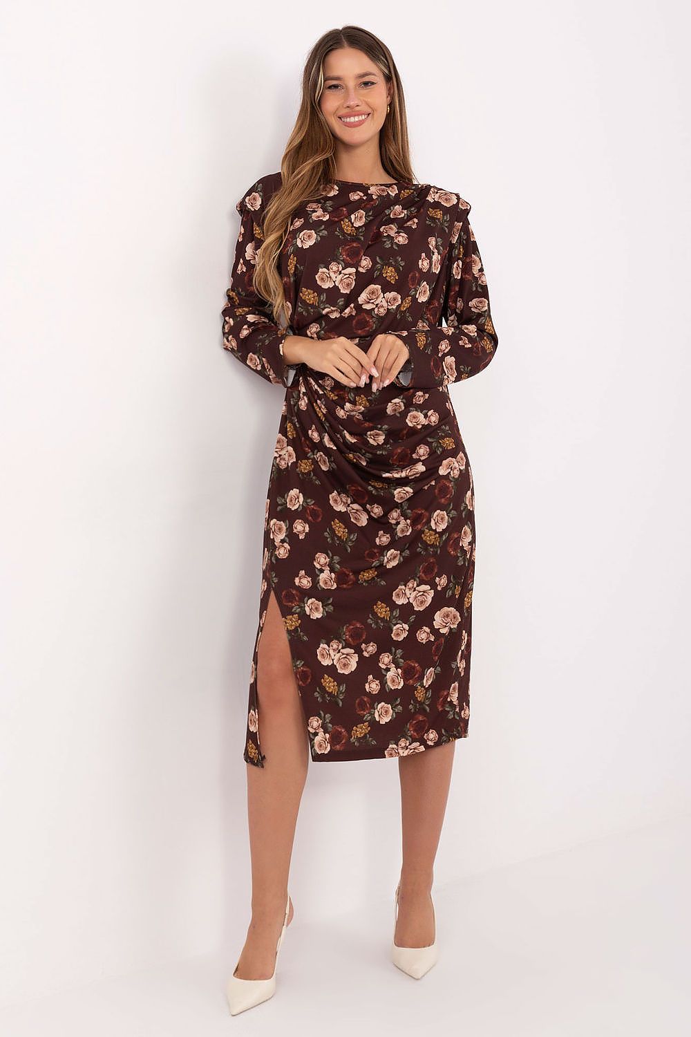 brown midi mini day dress front view