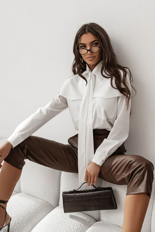 beige long sleeve shirt front view