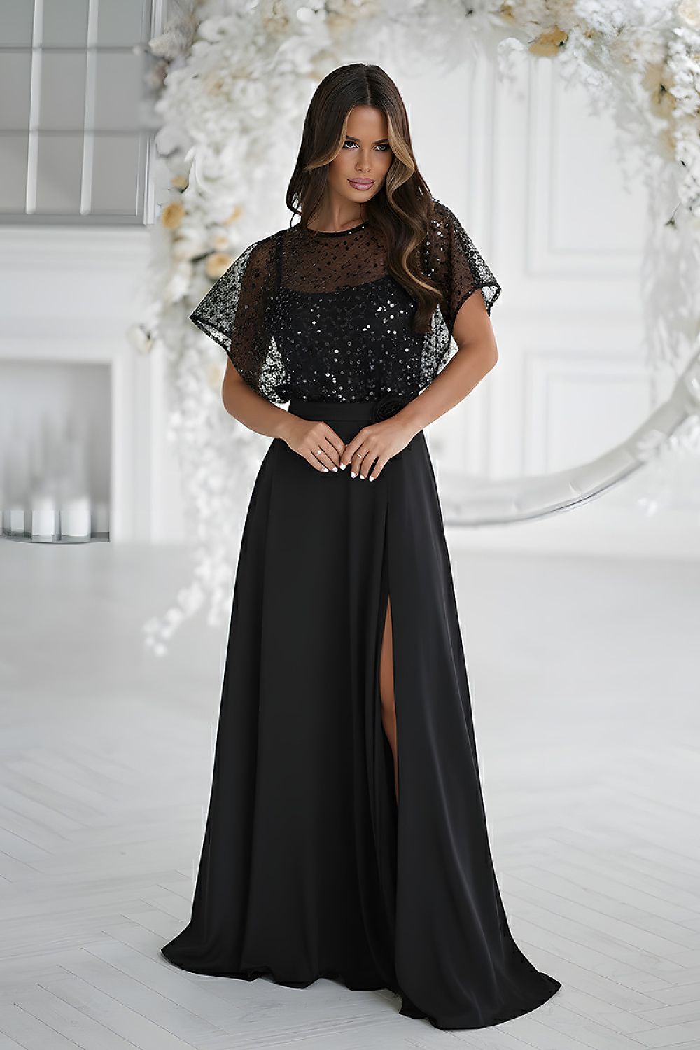 black sequin belted long dress front view