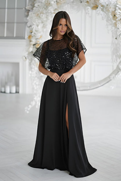 black sequin belted long dress front view