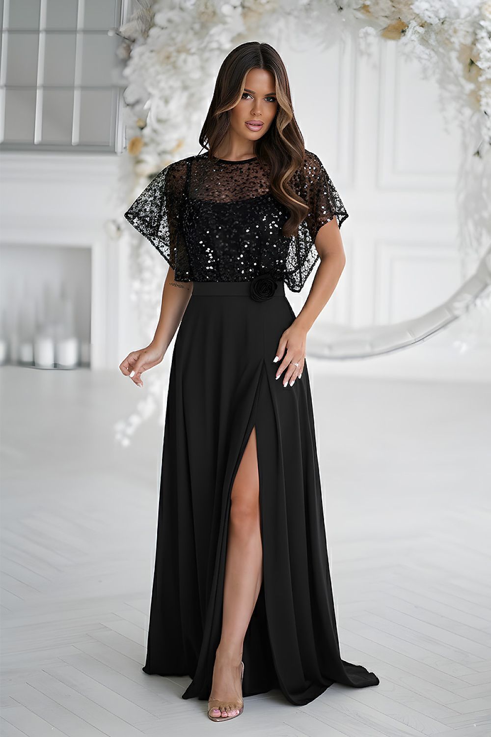 black sequin belted long dress alternate angle