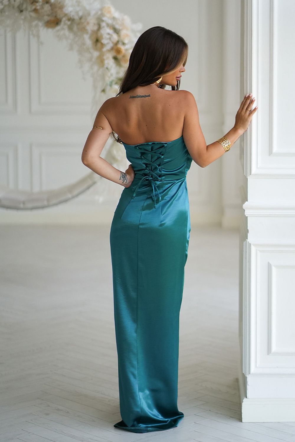 green lace satin long dress view 13