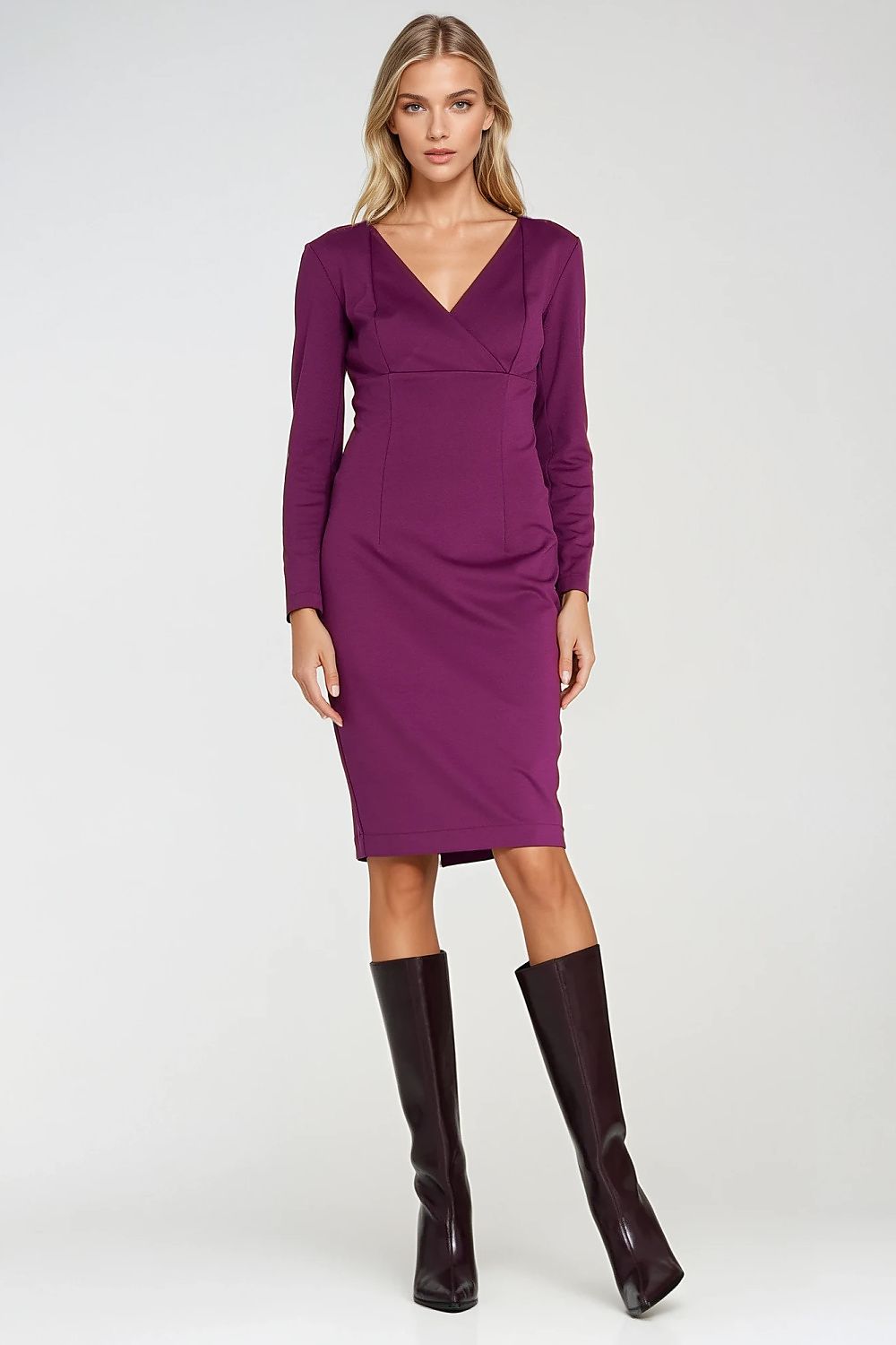 violet wrap lace violet wrap pencil dress — elegant, feminine, flattering fit for every occasion front view