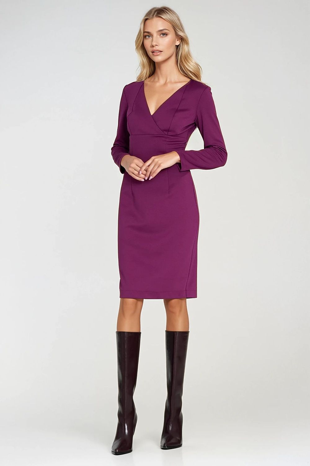 violet wrap lace violet wrap pencil dress — elegant, feminine, flattering fit for every occasion back view