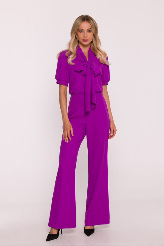 violet flared v-neck suit front view