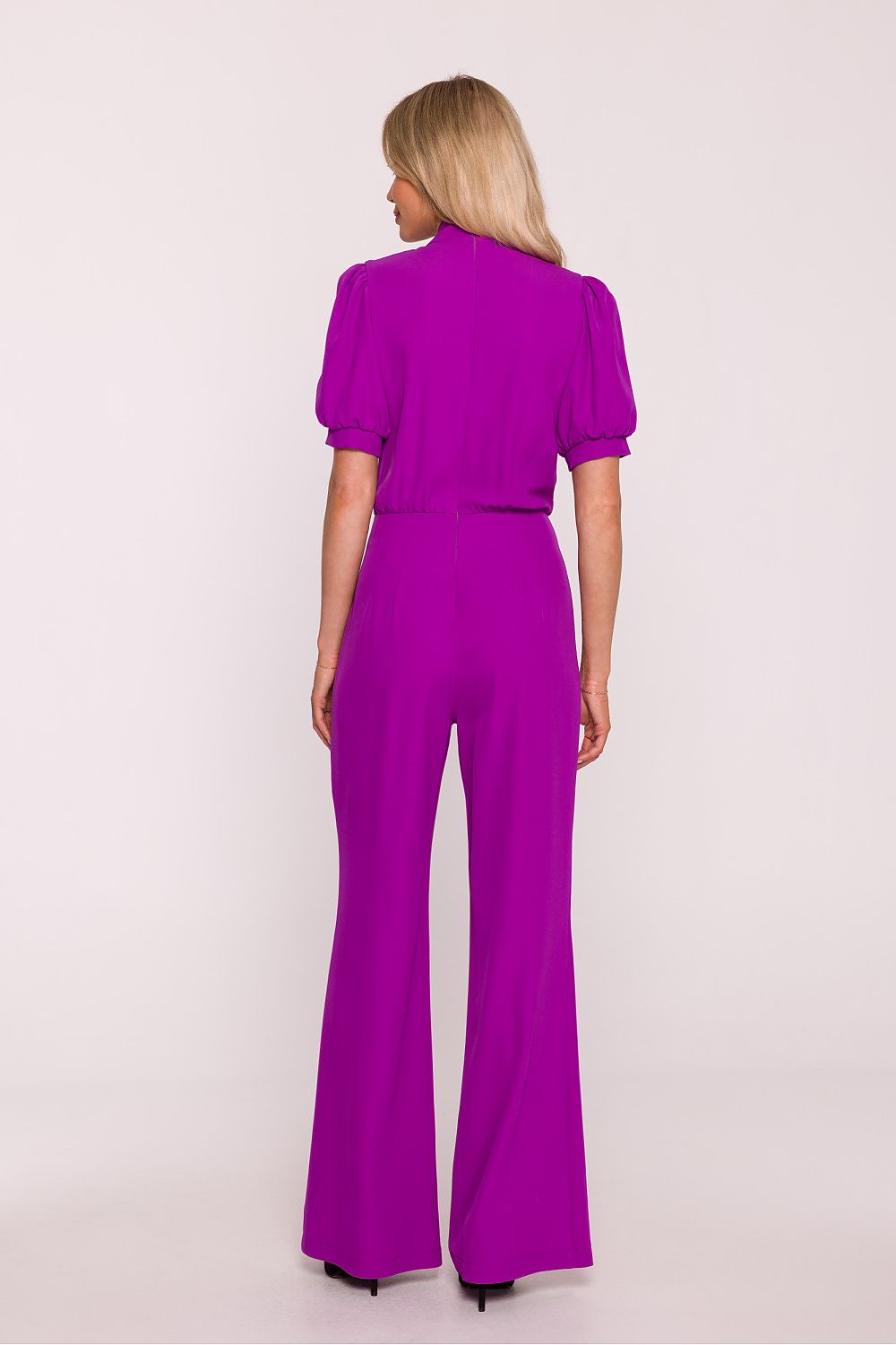 violet flared v-neck suit detail view
