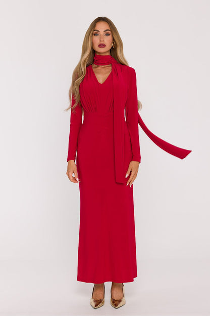 red flared v-neck long dress front view