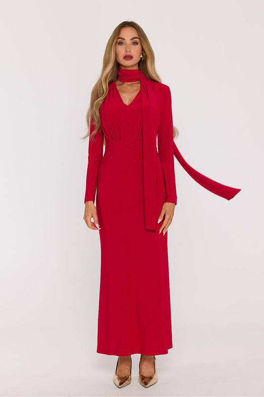 red flared v-neck long dress front view