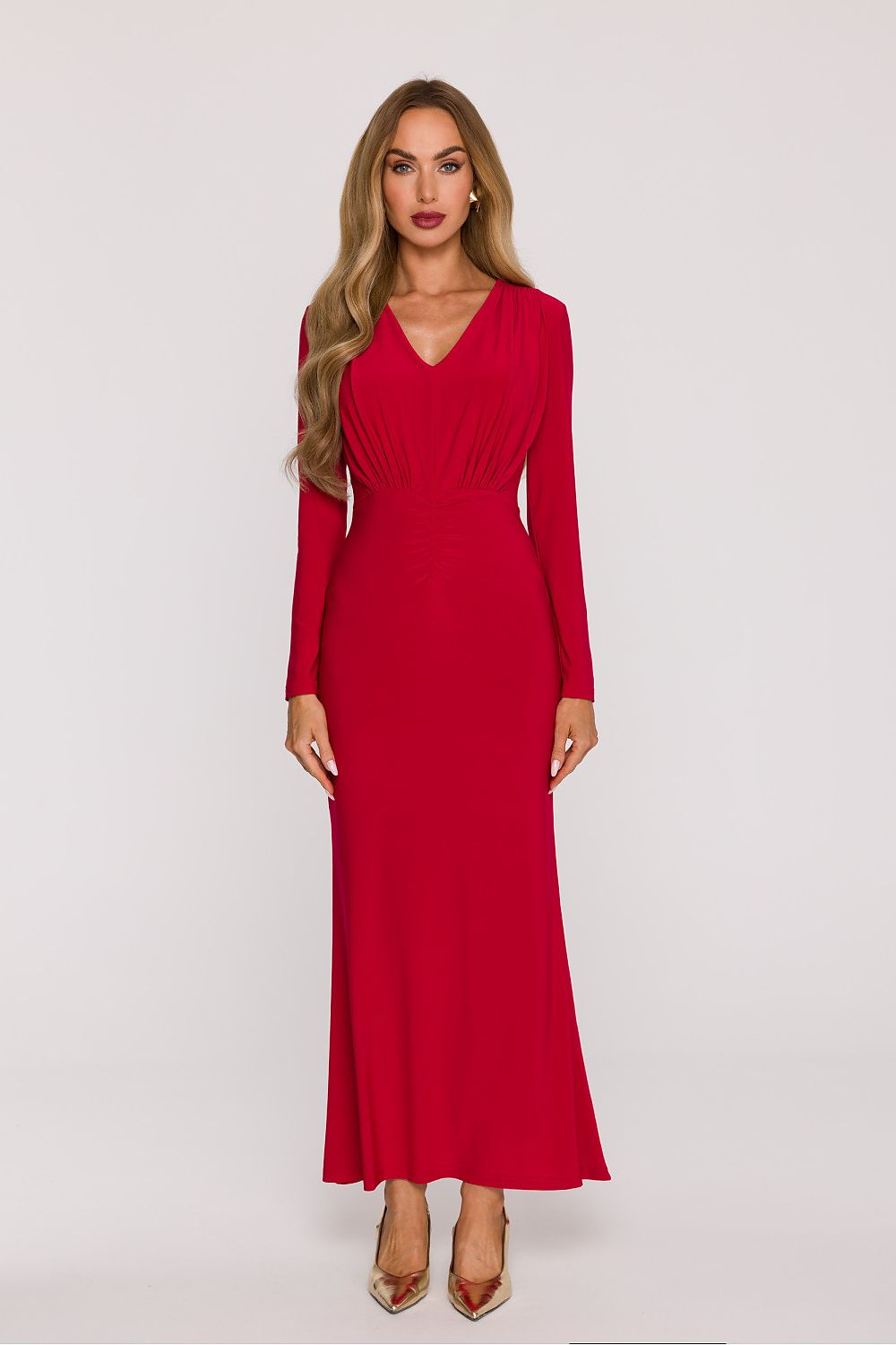 red flared v-neck long dress alternate angle