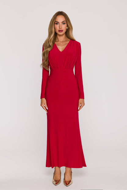 red flared v-neck long dress alternate angle