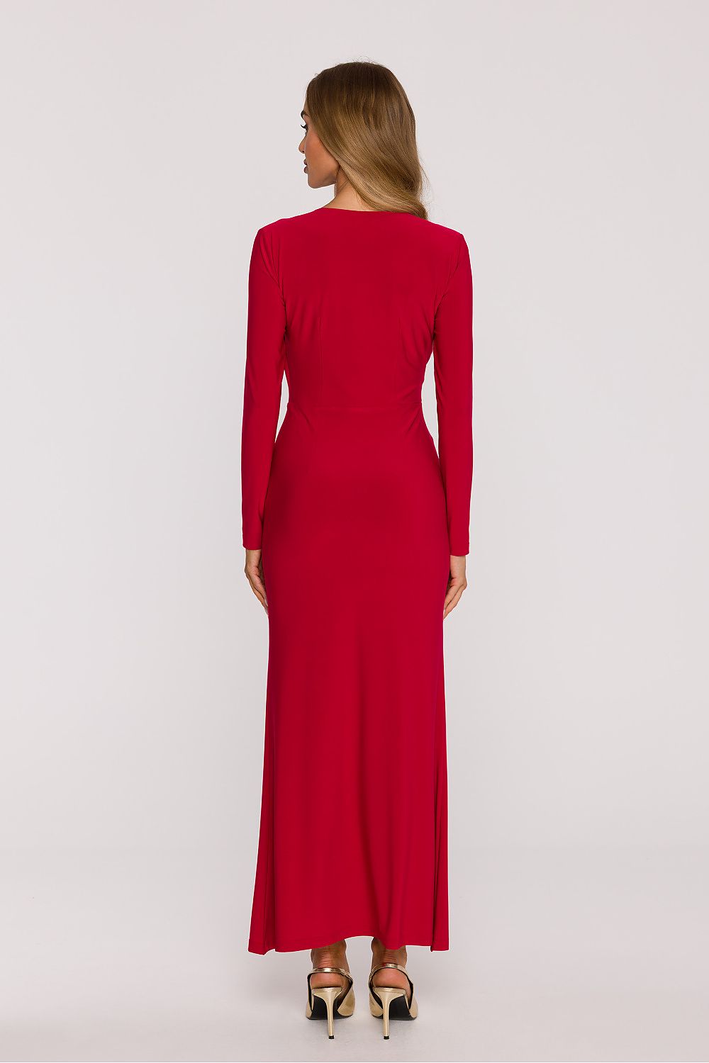 red flared v-neck long dress detail view