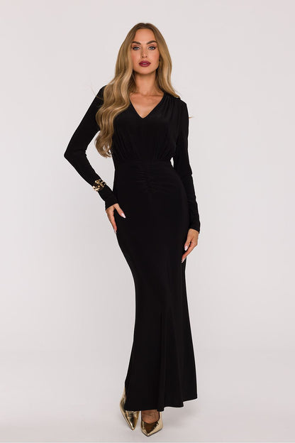 red flared v-neck long dress side view