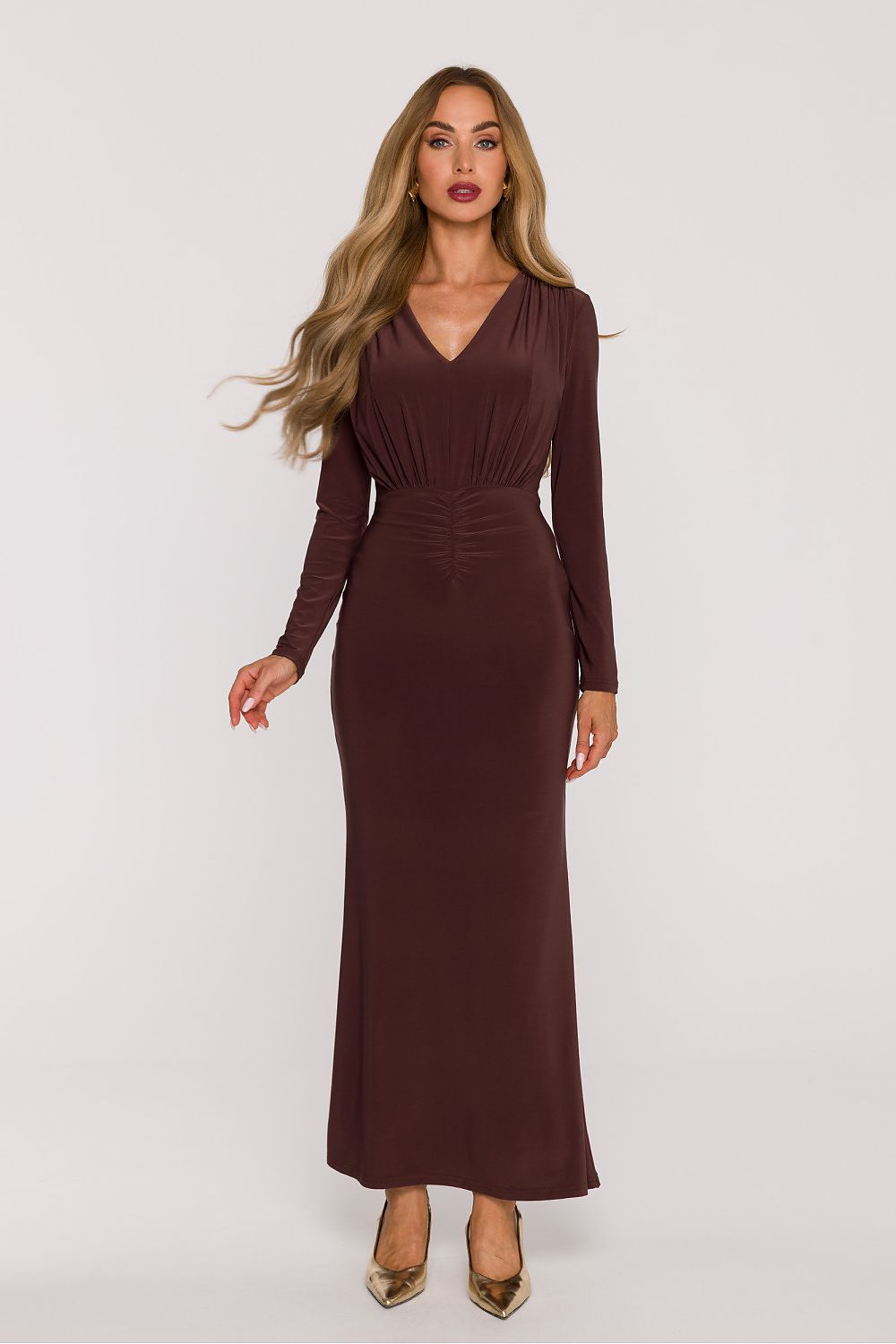 red flared v-neck long dress view 8