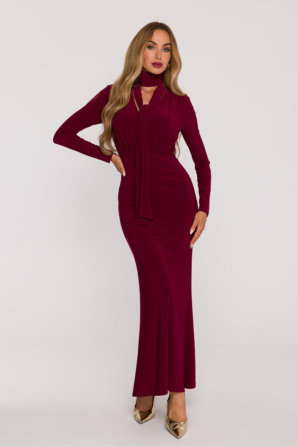 red flared v-neck long dress view 10