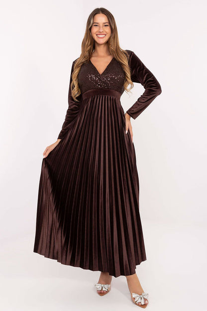 brown pleated wrap long dress front view