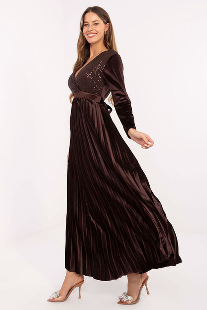 brown pleated wrap long dress alternate angle