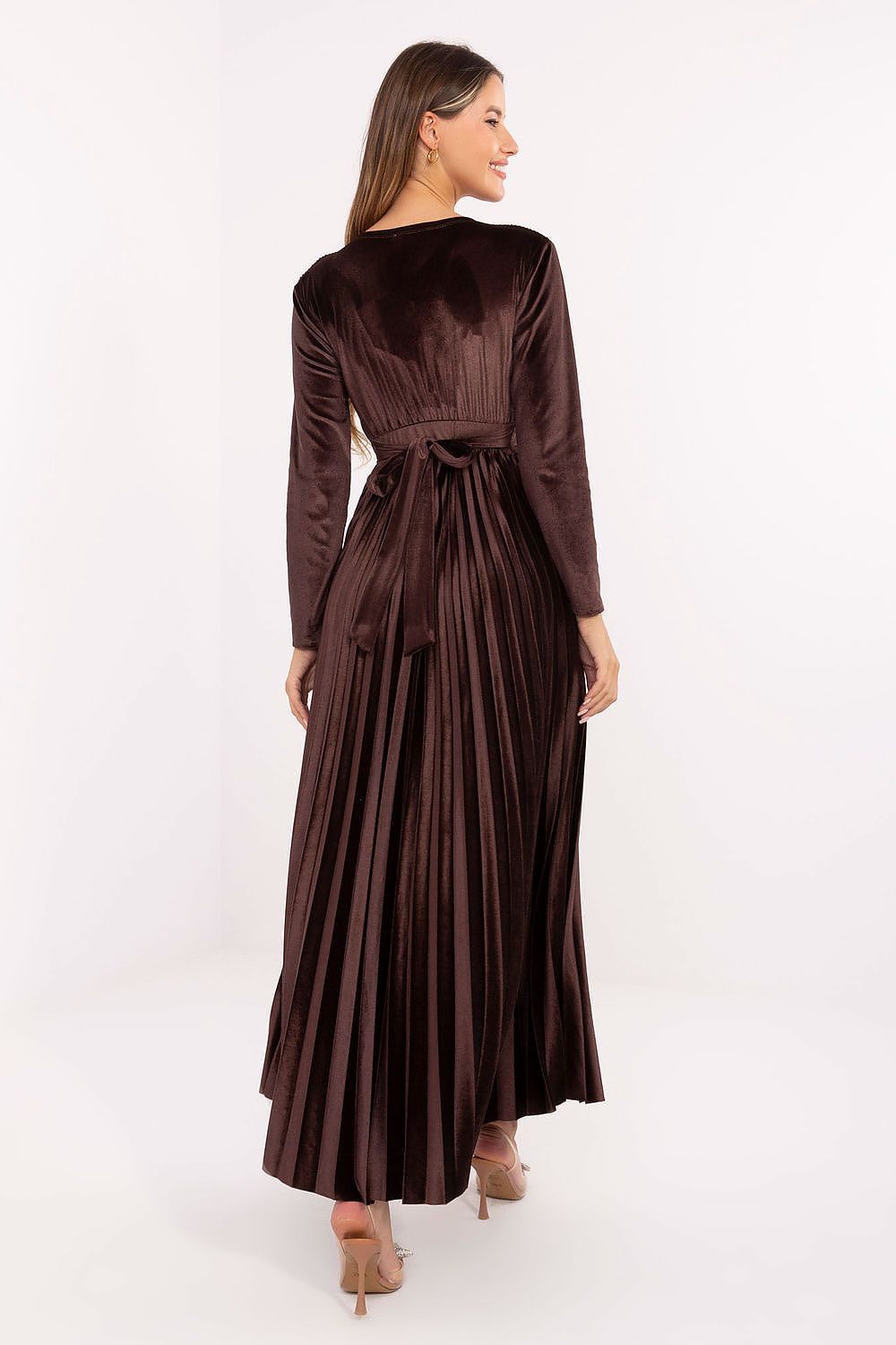 brown pleated wrap long dress detail view