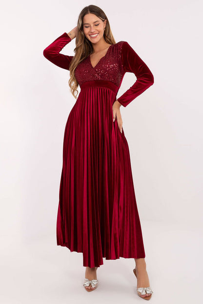 brown pleated wrap long dress back view