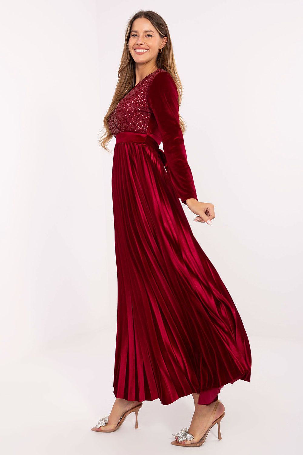 brown pleated wrap long dress side view