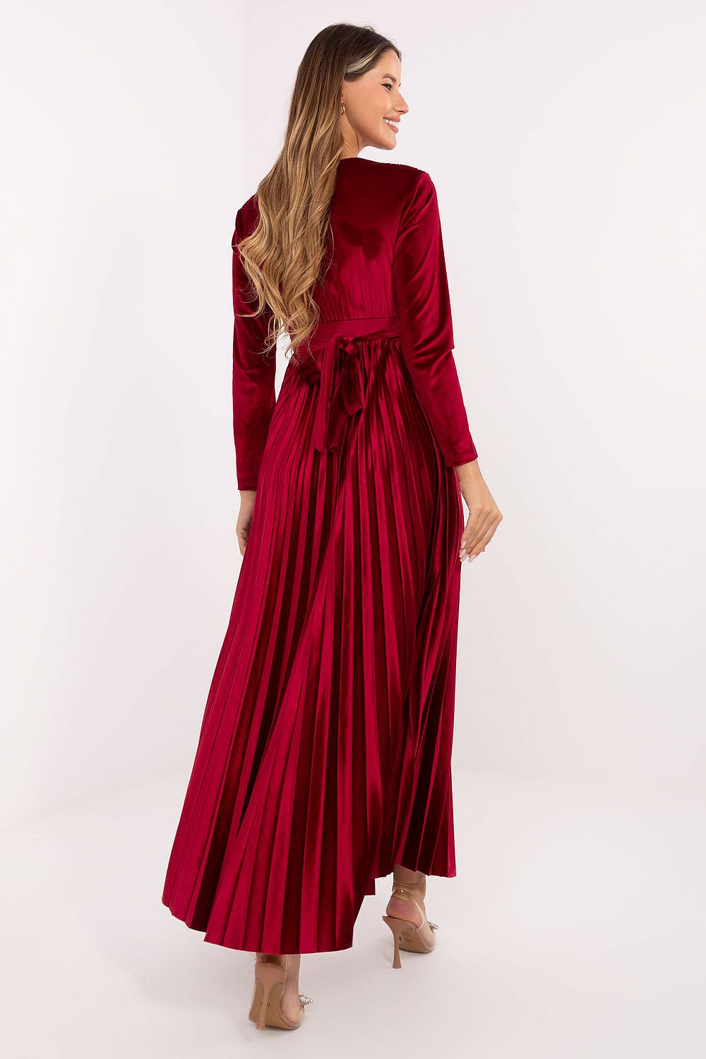 brown pleated wrap long dress view 6