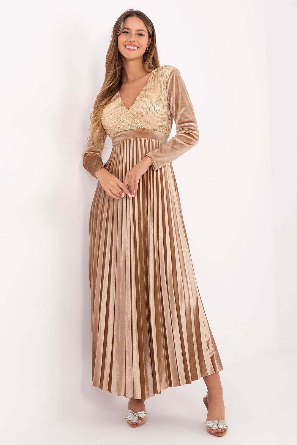 brown pleated wrap long dress view 7